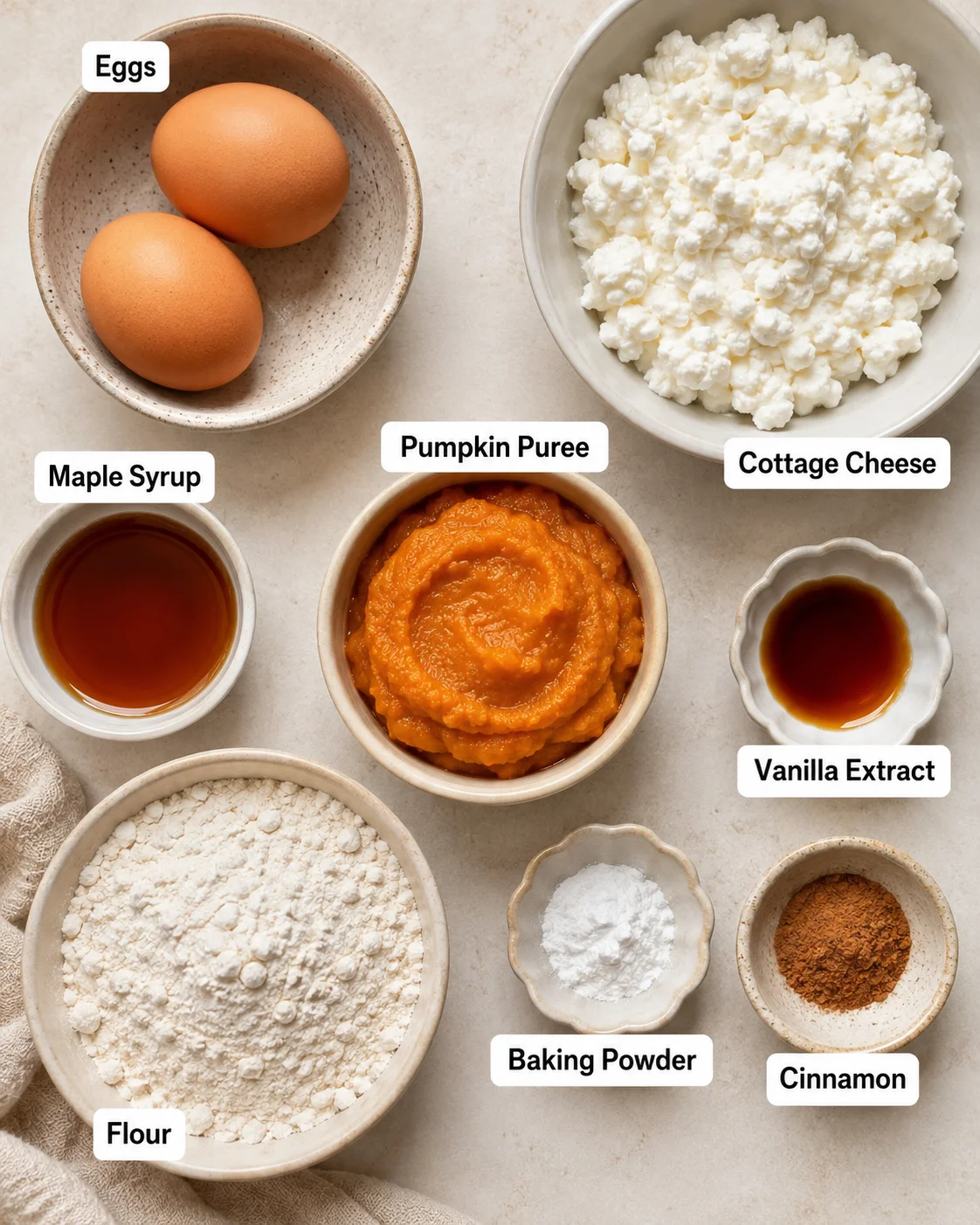 Top-down arrangement of labeled ingredients for pumpkin cottage cheese pancakes including eggs, cottage cheese, pumpkin puree, flour, maple syrup, vanilla, ands