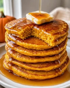 Stack of pumpkin cottage cheese pancakes with butter and maple syrup pouring over them, one pancake with a bite taken