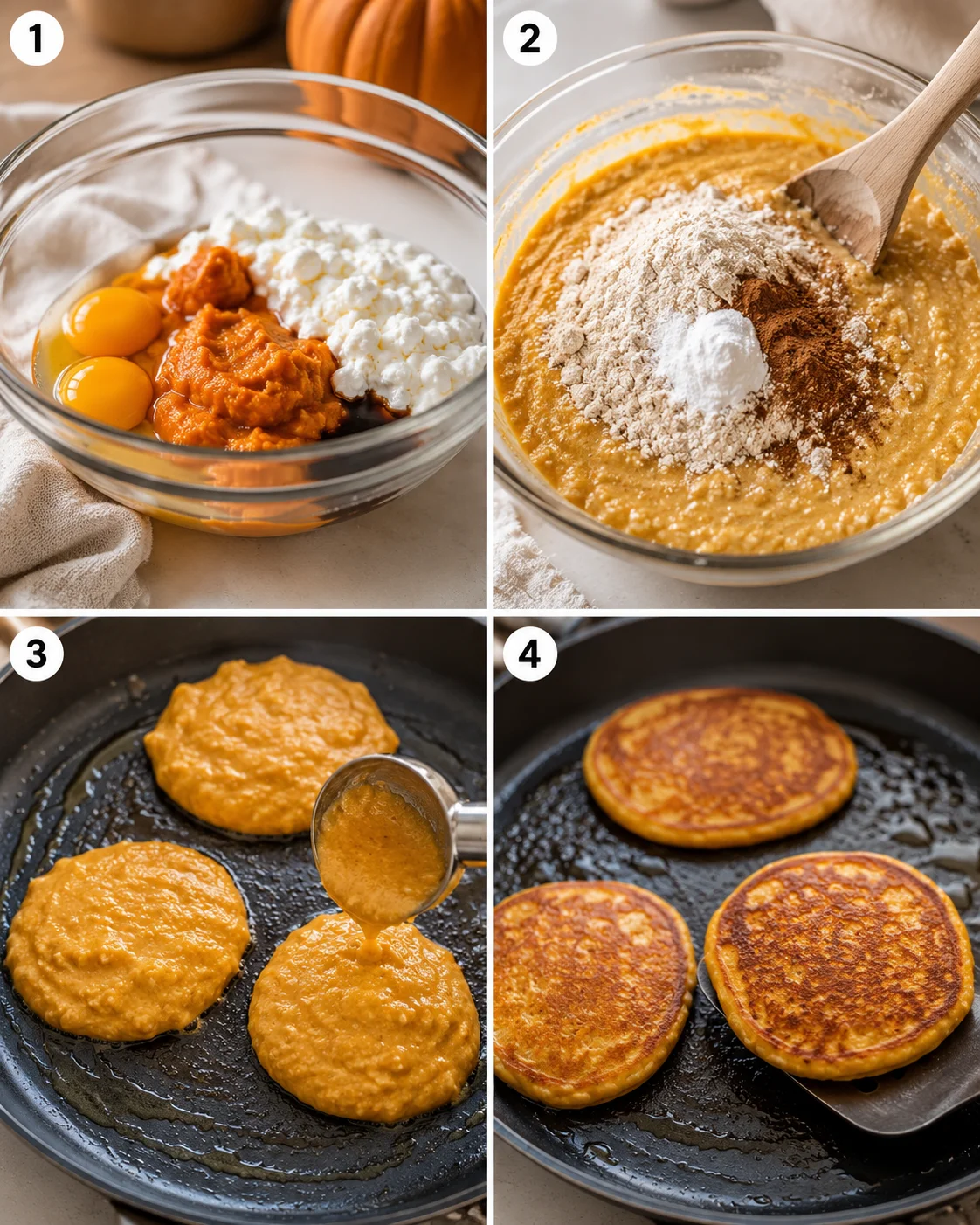 Four-step collage showing mixing wet ingredients, adding dry ingredients, scooping batter onto a skillet, and cooked pancakes on the pan