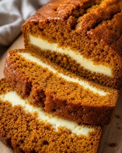 Close-up side view of sliced pumpkin cream cheese bread showing the cheesecake-like swirl