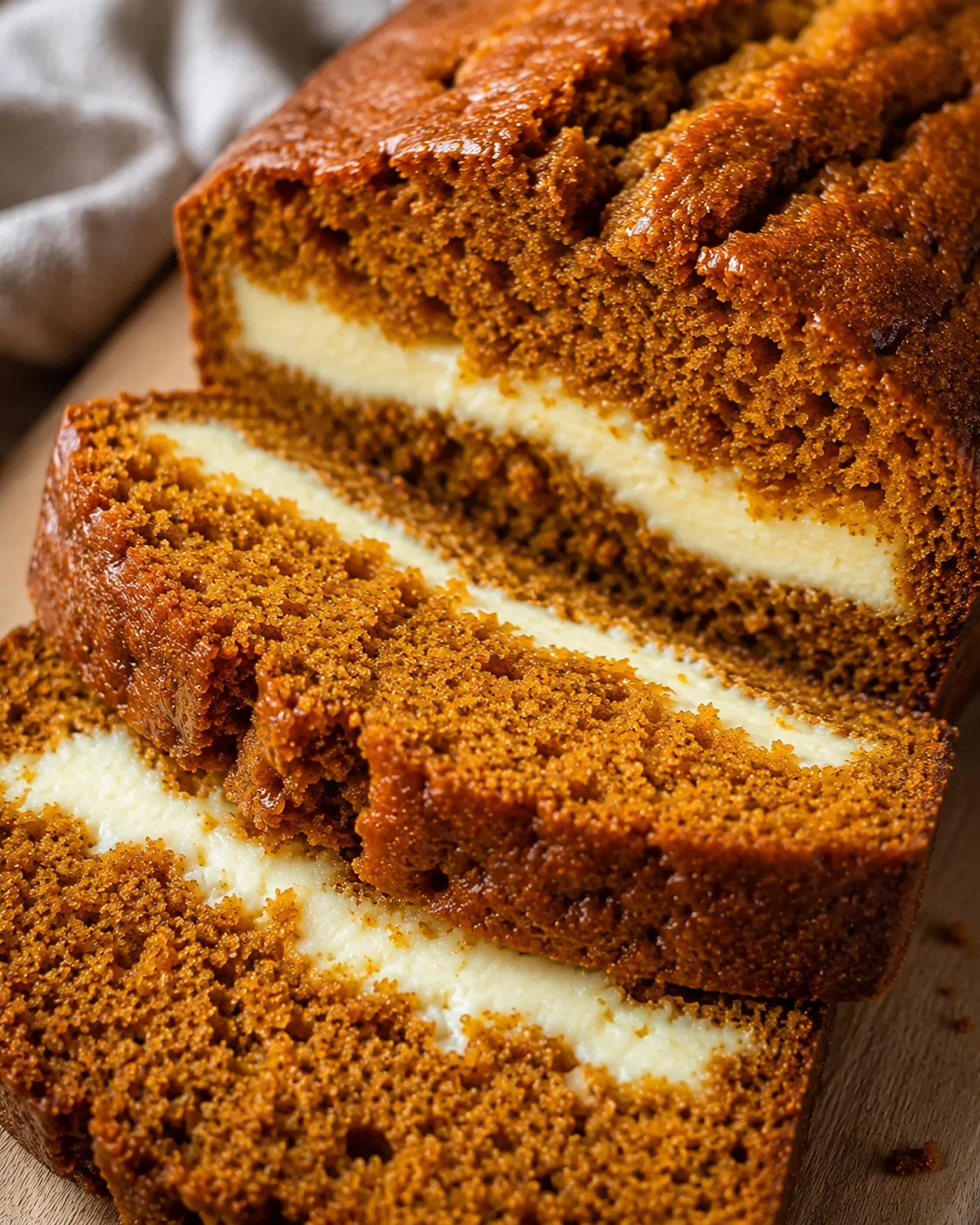 Close-up side view of sliced pumpkin cream cheese bread showing the cheesecake-like swirl