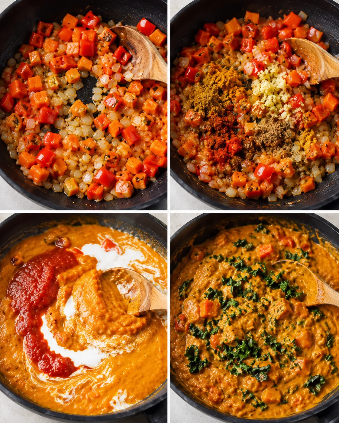 Four-panel collage showing cooking steps for Indian pumpkin curry: sautéing vegetables, adding spices and garlic, stirring in puree and coconut milk, and adding