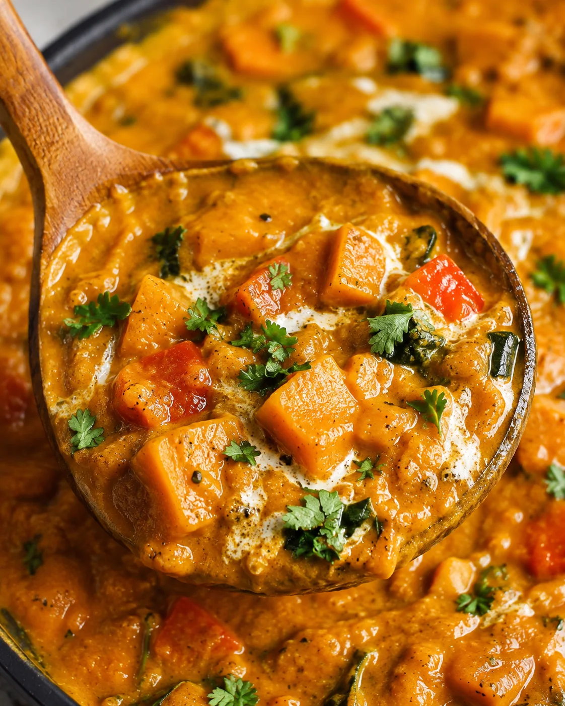 Close-up of pumpkin curry on a wooden ladle showing texture and pumpkin cubes