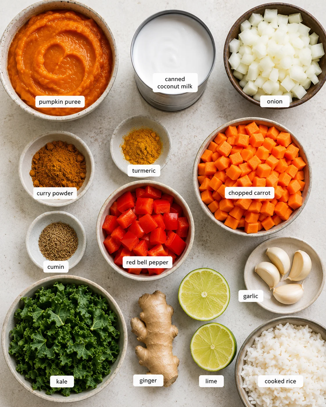 Top-down arrangement of ingredients for Indian pumpkin curry including pumpkin puree, coconut milk, onion, carrots, bell pepper, kale, spices and rice