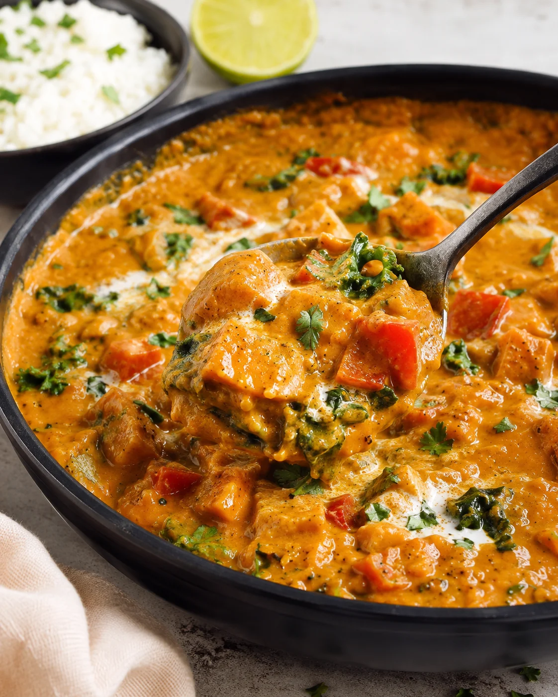 Spoon lifting a spoonful of Indian pumpkin curry from a skillet with rice and lime in the background