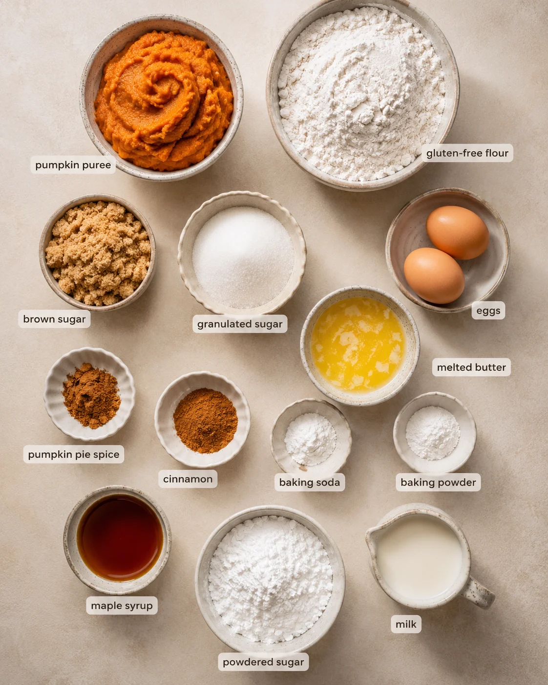 Top-down layout of labeled ingredients for gluten free pumpkin muffins, including pumpkin purée, gluten-free flour, sugars, eggs and spices