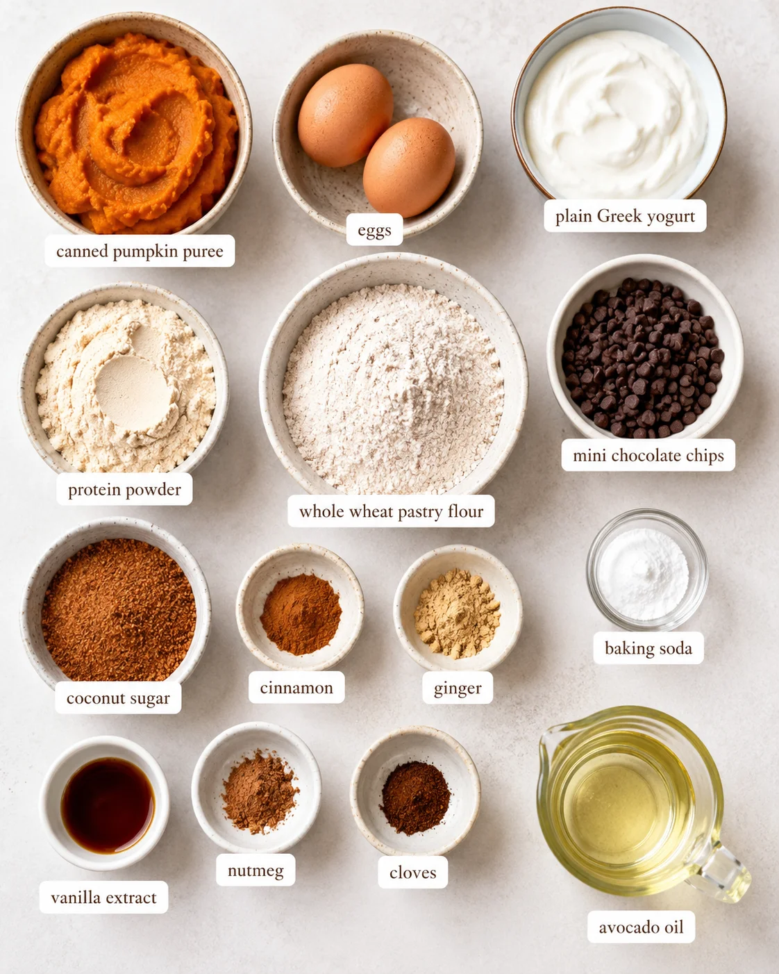 Top-down view of ingredients for pumpkin protein muffins arranged in bowls and labeled
