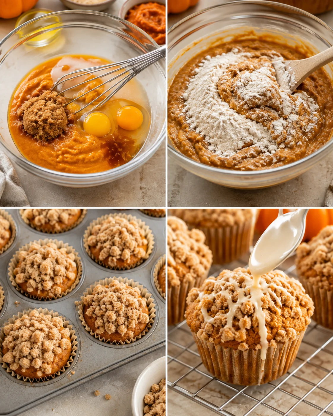Four-panel collage showing mixing, folding in flour, muffins in a tin topped with streusel, and glaze being drizzled