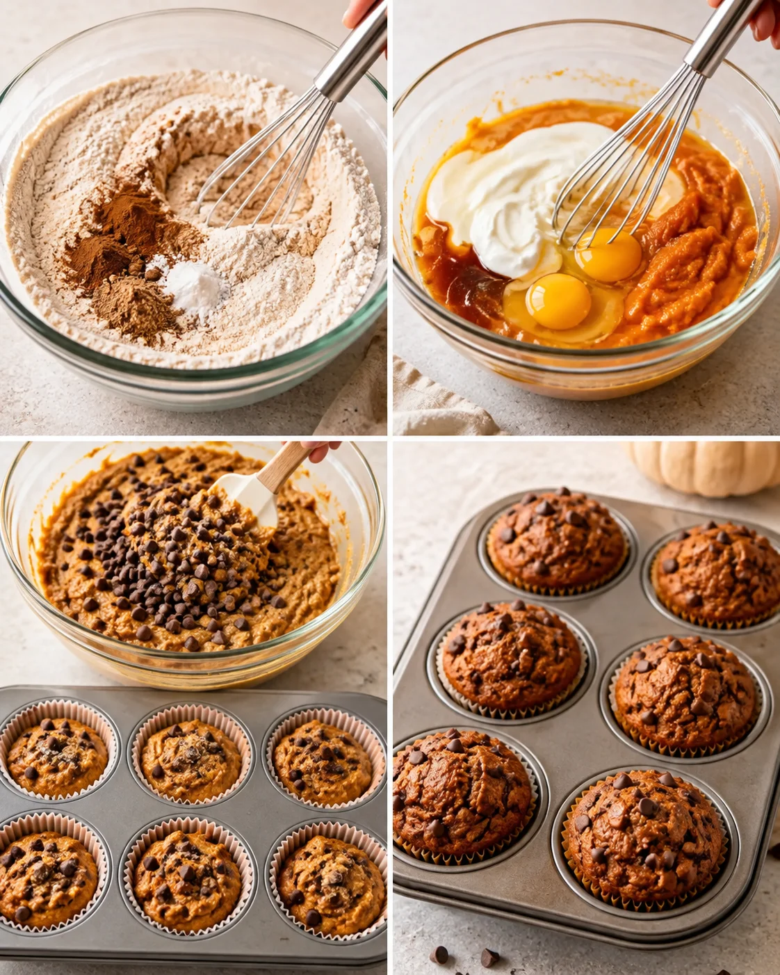 Four-panel collage showing steps to make pumpkin protein muffins: mixing dry and wet ingredients, folding in chips, and baked muffins