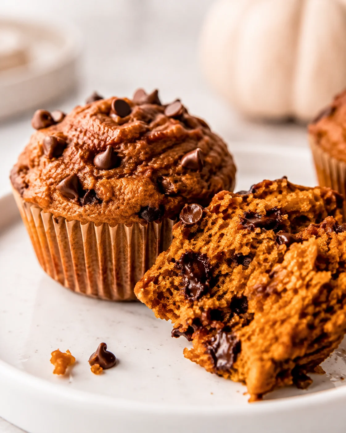 Pumpkin protein muffins on a white plate with a torn muffin showing chocolate chips