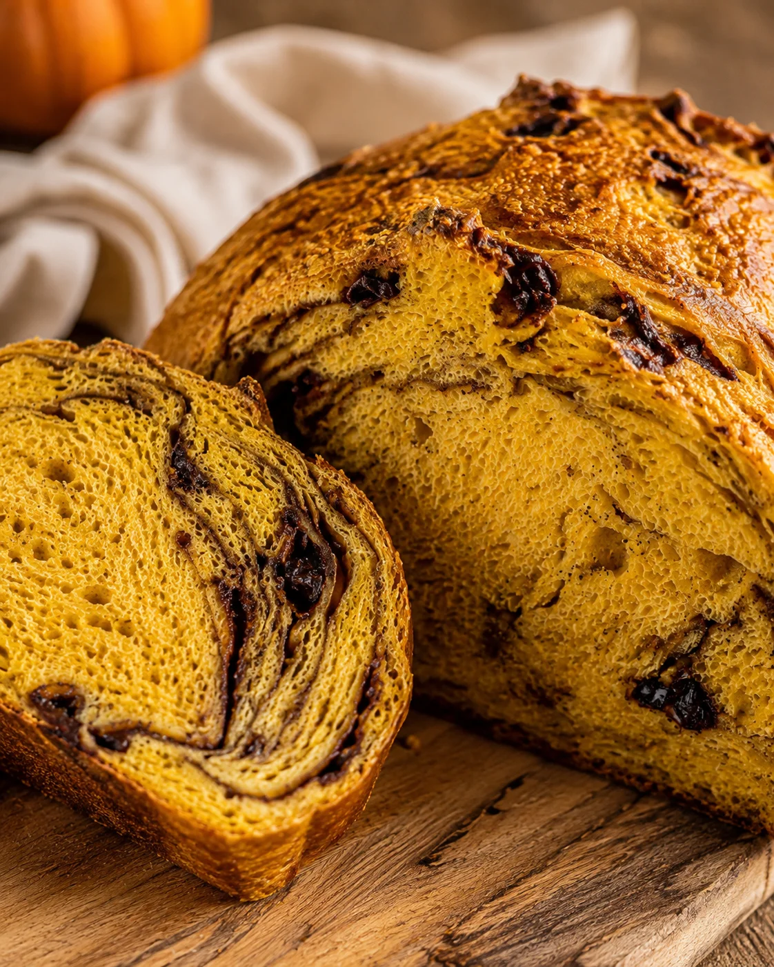 Pumpkin sourdough bread loaf with a sliced piece on a wooden board and a small pumpkin in the background