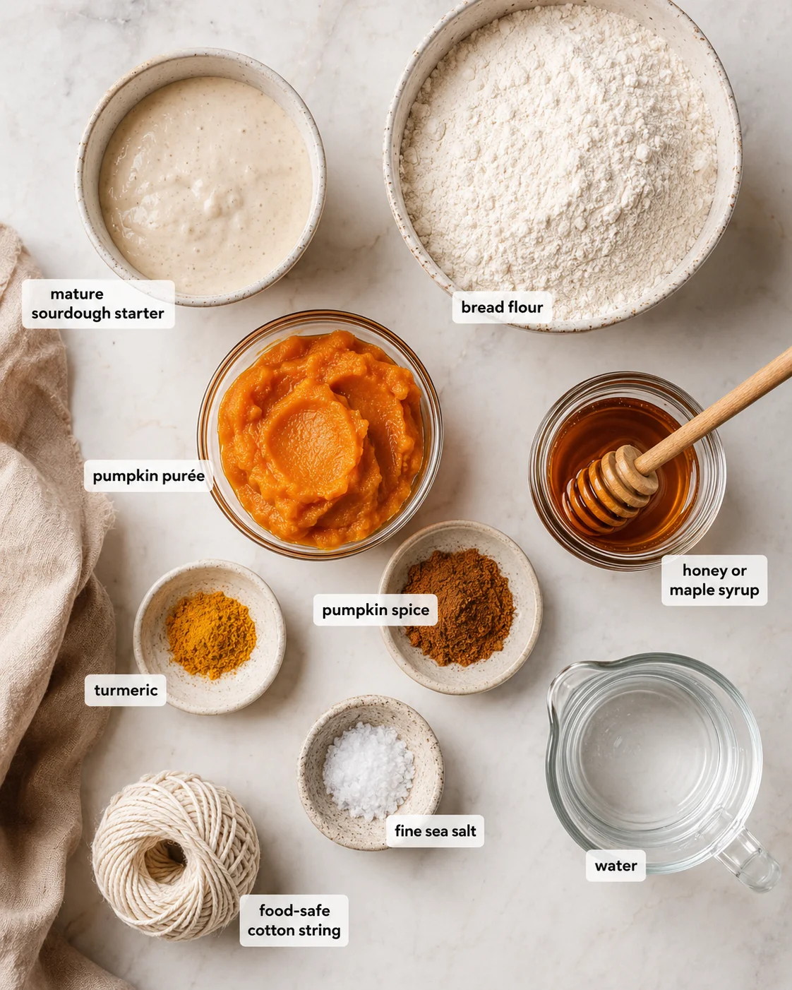 Top-down layout of ingredients for pumpkin sourdough bread including pumpkin purée, flour, starter, spices, honey and water