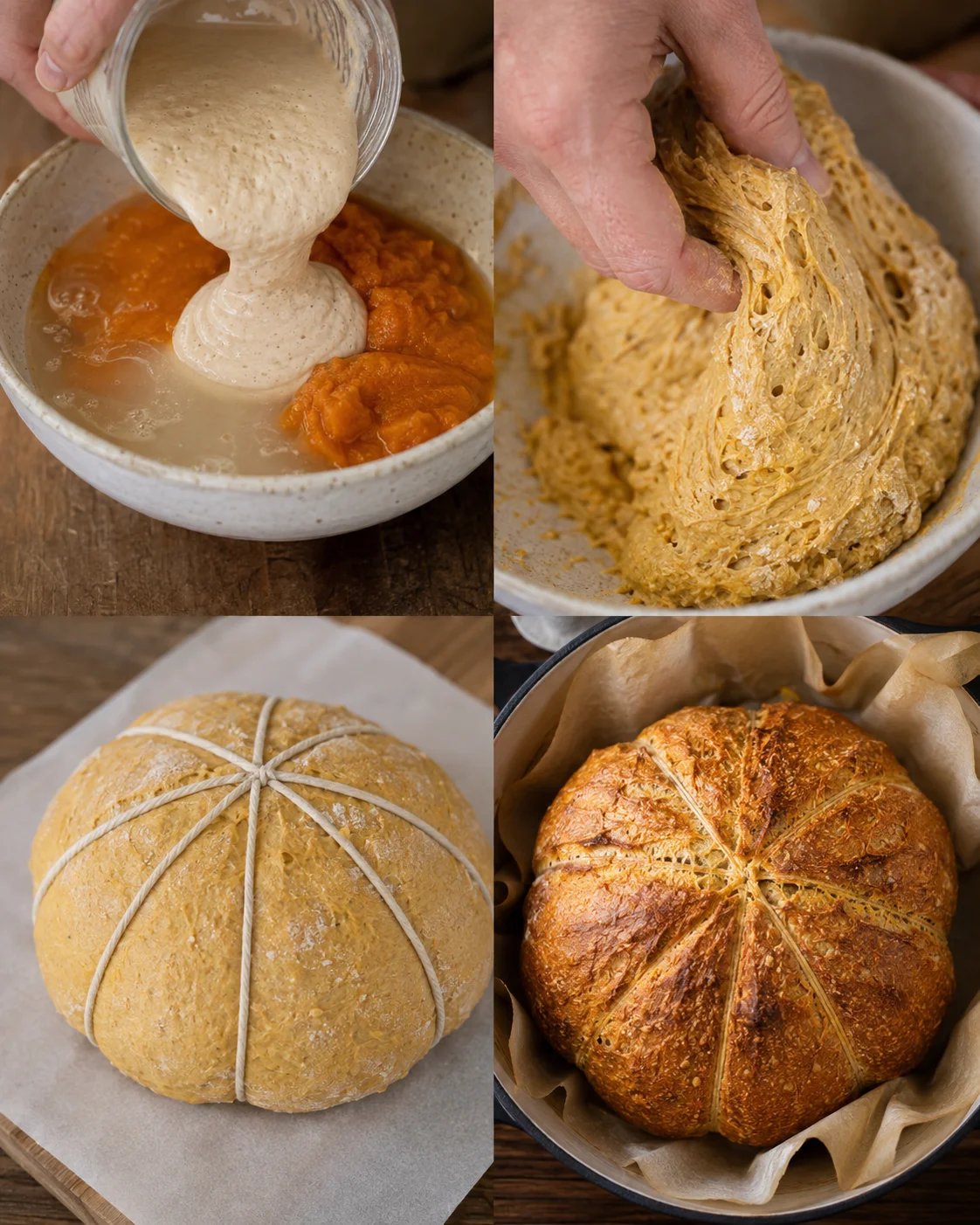 Four-panel collage showing pouring starter into pumpkin mix, mixing dough, tying dough with string into a pumpkin shape, and the baked loaf in a pot