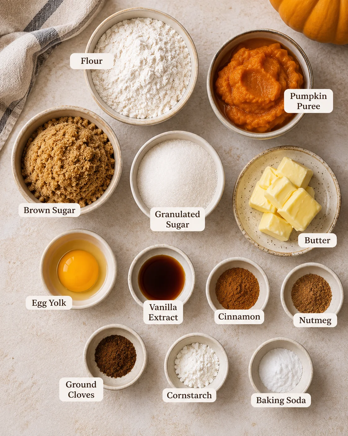 Top-down arrangement of measured ingredients for pumpkin spice cookies in labeled bowls