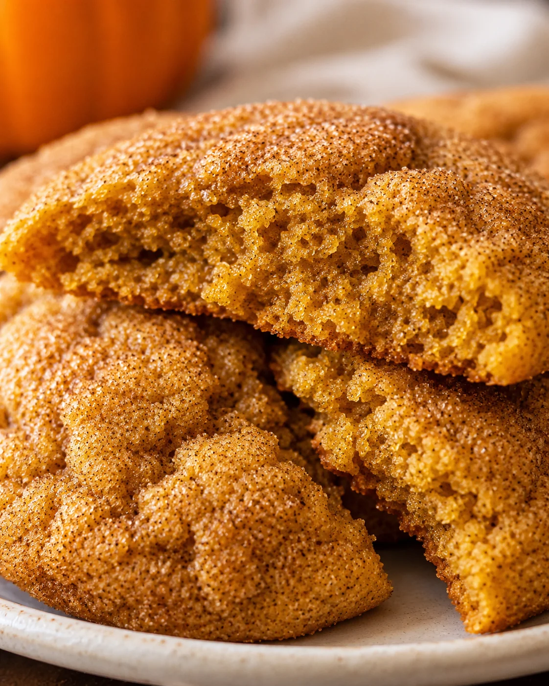 Close-up of a pumpkin spice cookie interior with cinnamon-sugar coating