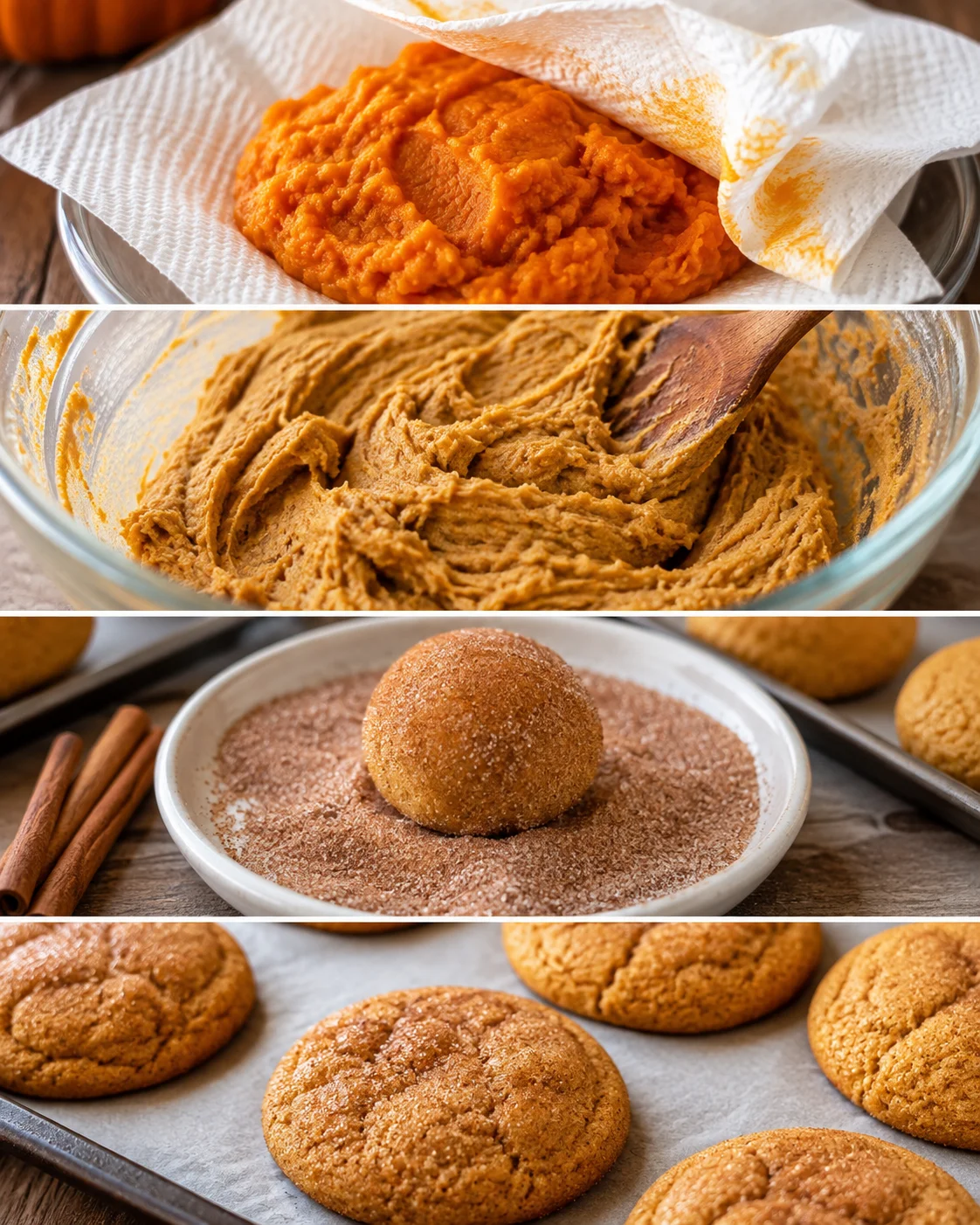 Collage showing blotting pumpkin puree, mixing dough, rolling a dough ball in cinnamon sugar, and baked cookies