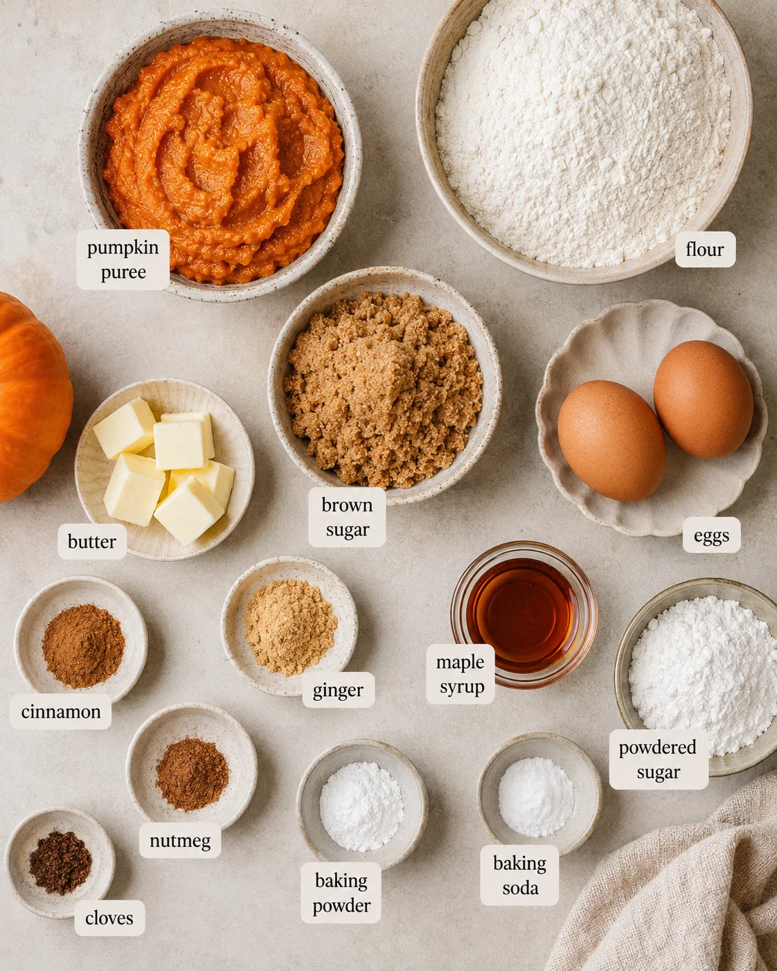 Top-down layout of labeled ingredients for pumpkin streusel bread including pumpkin puree, flour, eggs and spices