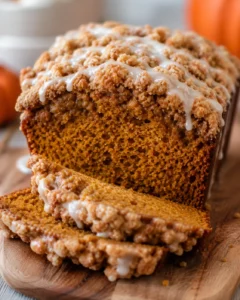 Sliced pumpkin streusel bread loaf with maple glaze on a wooden board