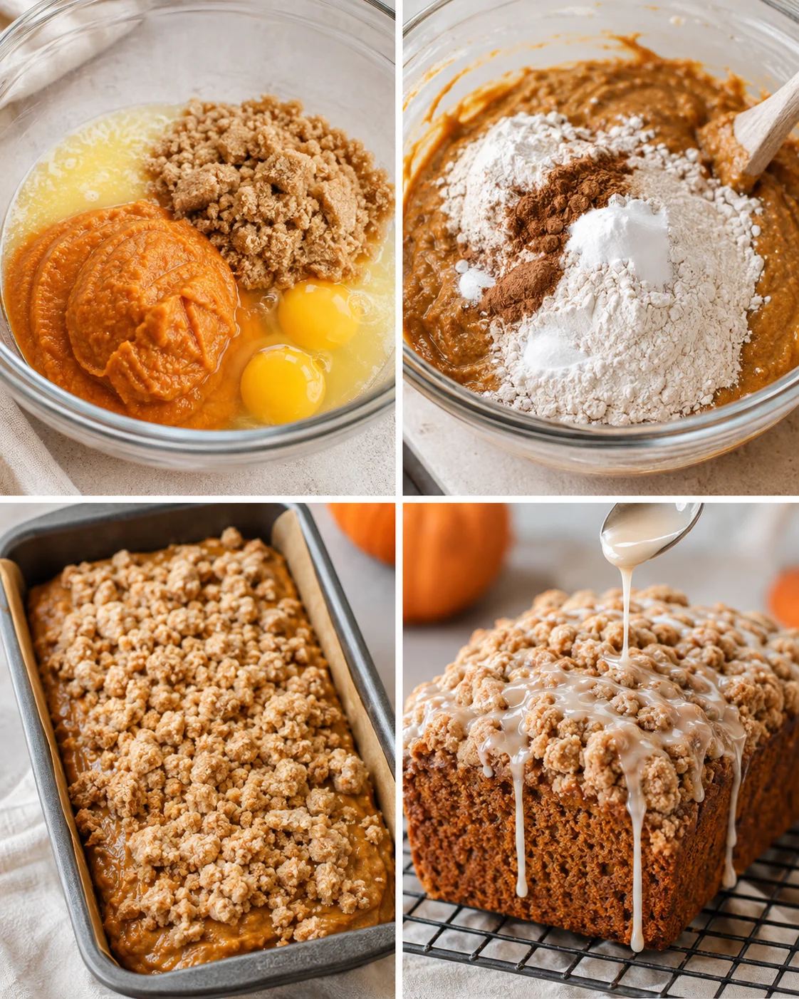 Four-panel collage showing mixing, adding dry ingredients, streusel-topped loaf in pan and glazing the finished pumpkin streusel bread