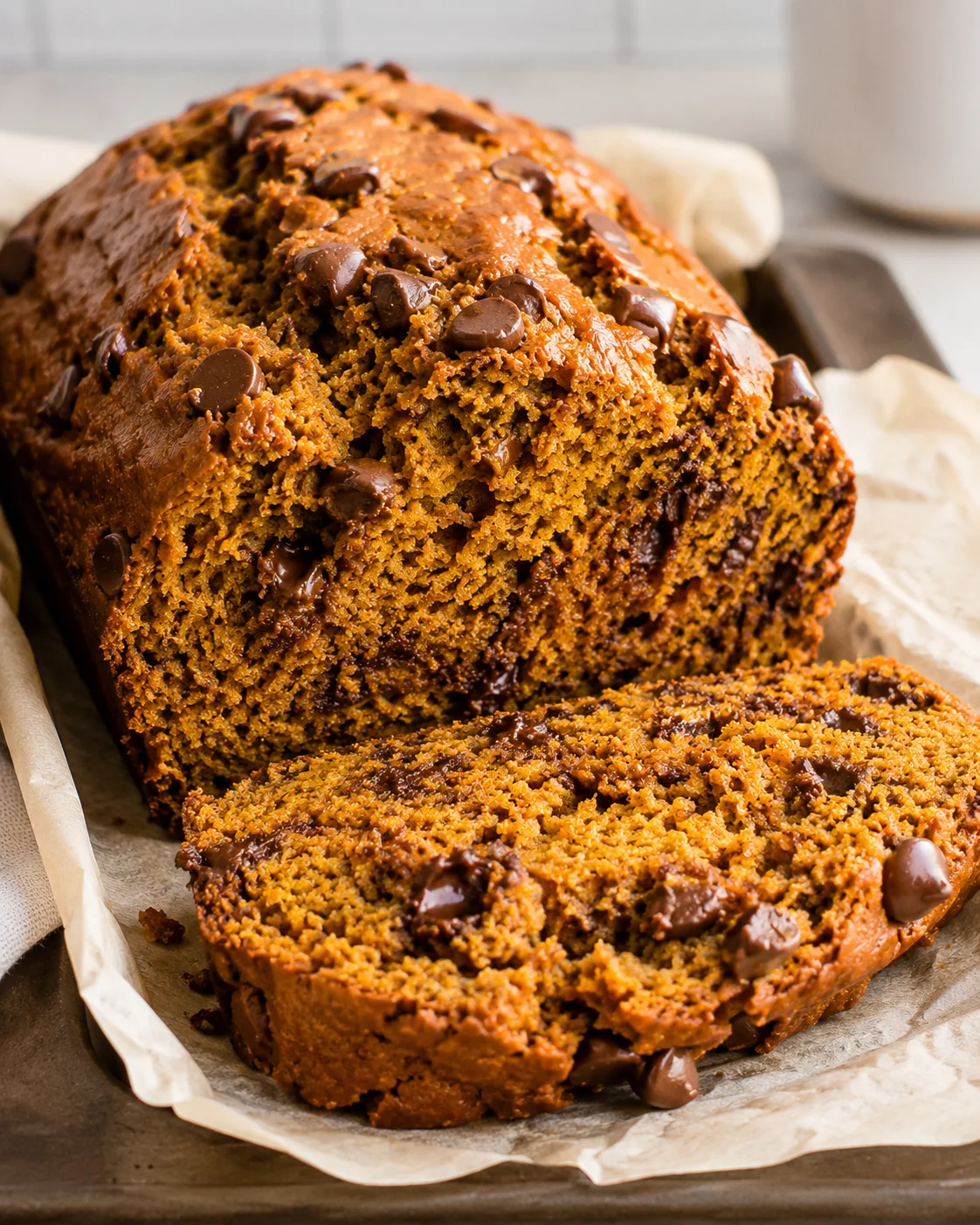Sliced pumpkin chocolate chip bread showing moist interior and melted chips