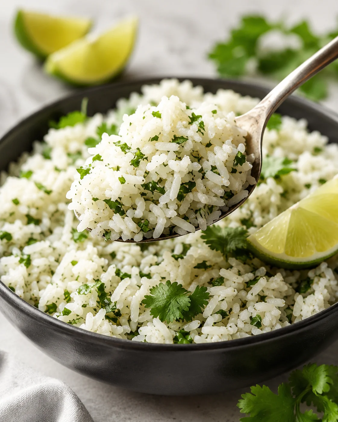 Spoon lifting a serving of cilantro lime rice from a bowl with lime wedge in background