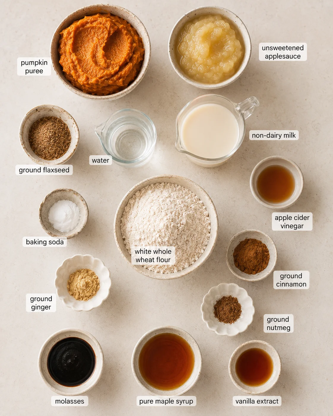 Top-down layout of ingredients for vegan pumpkin applesauce bread in bowls and cups, labeled